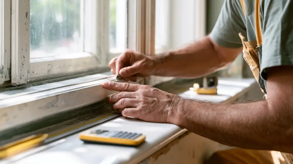 Handwerker begutachtet einen alten Holzfensterrahmen zur Kostenschätzung einer Fensterertüchtigung