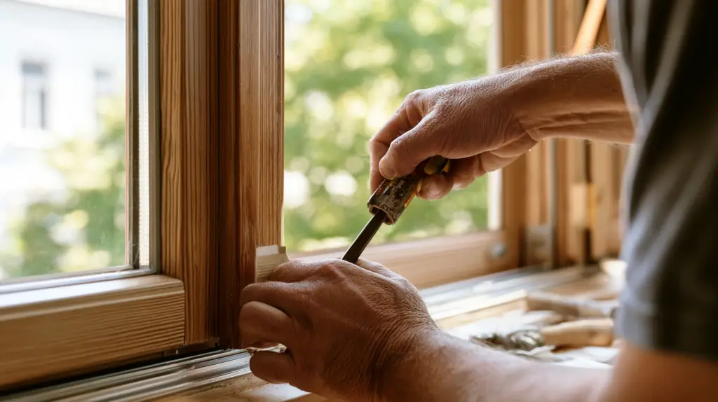 Glaser setzt neues Wärmeschutzglas in einen bestehenden Holzfensterrahmen ein