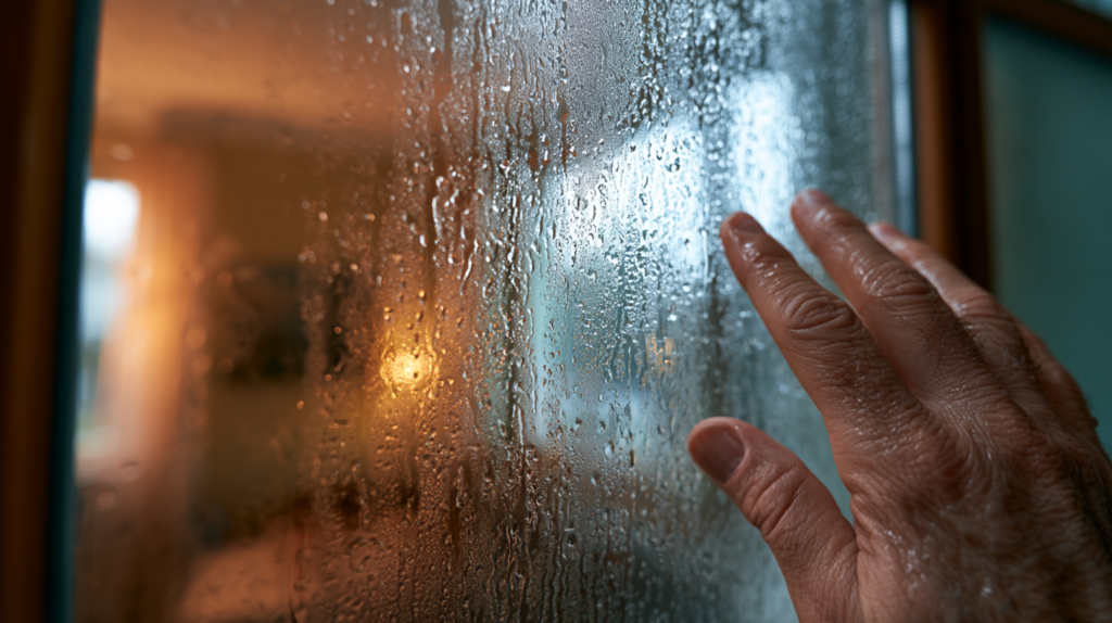 Kondenswasser mit Wassertropfen an der Innenseite einer Fensterscheibe im Winter