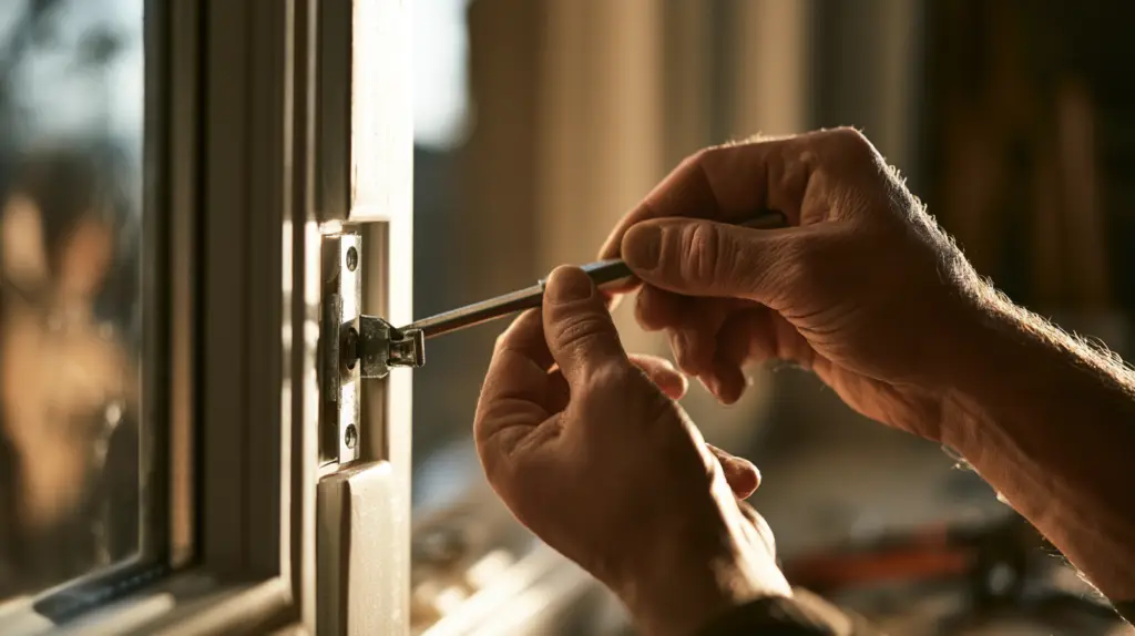 Nachjustieren eines abgesackten Fensterflügels an der Beschlagschraube mit Inbusschlüssel
