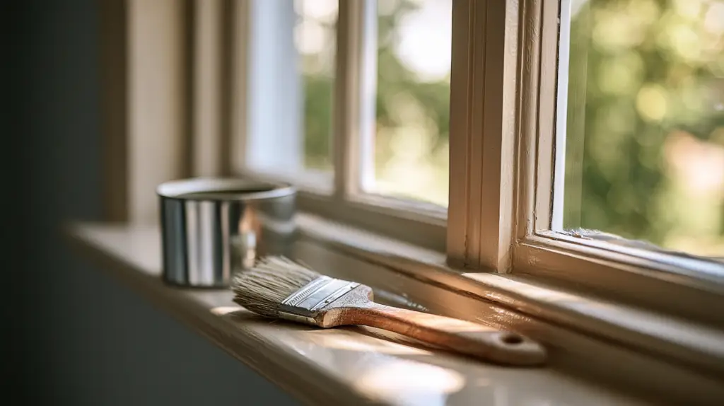 Holzfensterrahmen wird mit Pinsel frisch gestrichen, Glas mit Kreppband abgeklebt