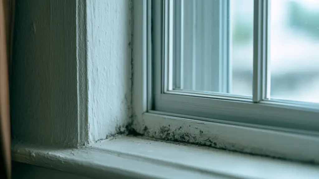 Schimmelbildung in der unteren Ecke eines Fensterrahmens an der Silikonfuge