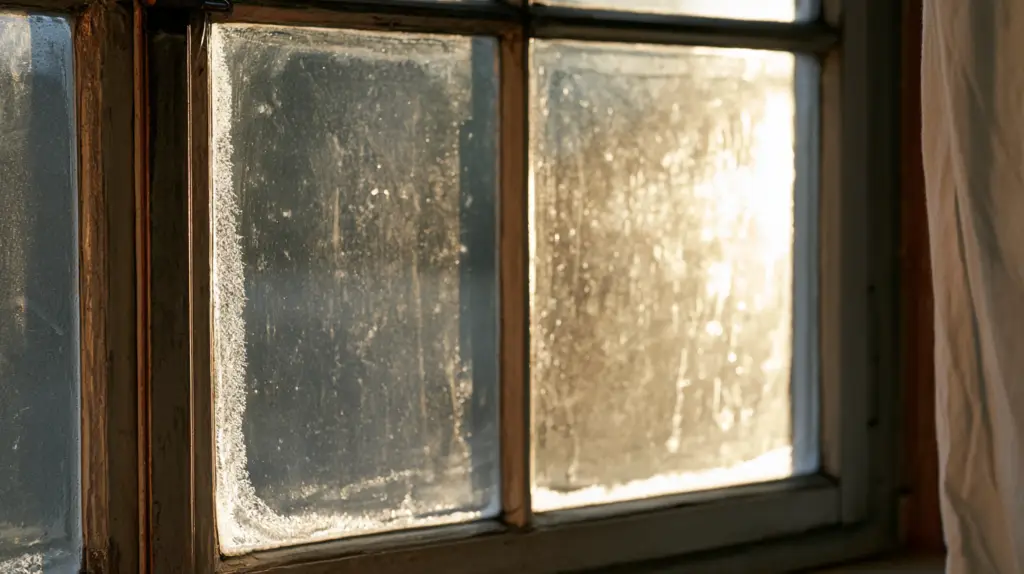 Altes einfach verglastes Holzfenster im Winter mit kalter Scheibe