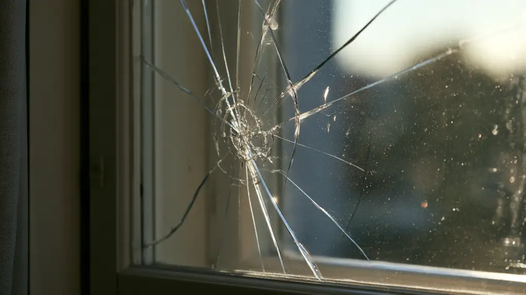 Gesprungene Fensterscheibe mit Riss quer durch das Glas