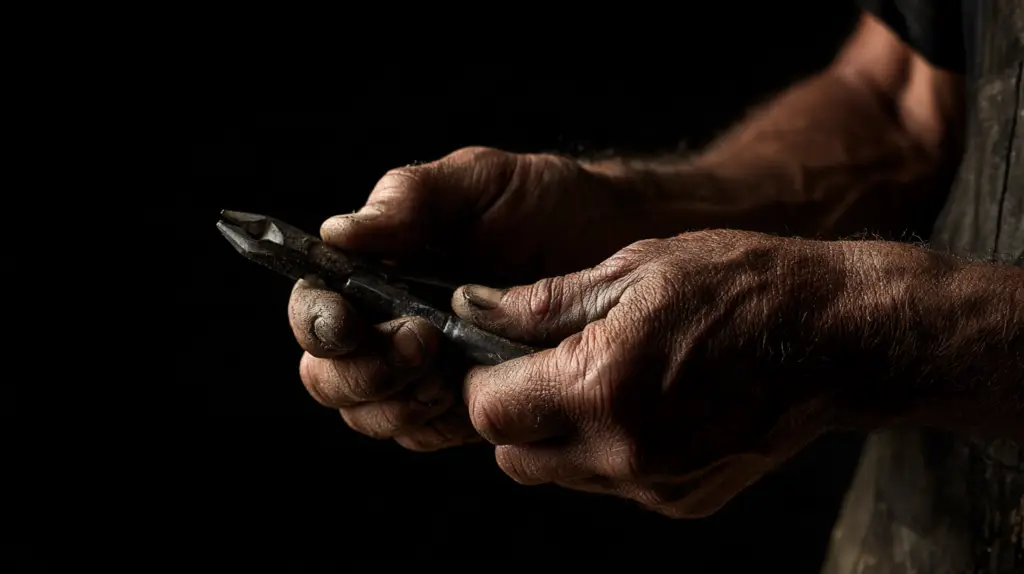 Handwerker repariert einen Fensterbeschlag mit Werkzeug