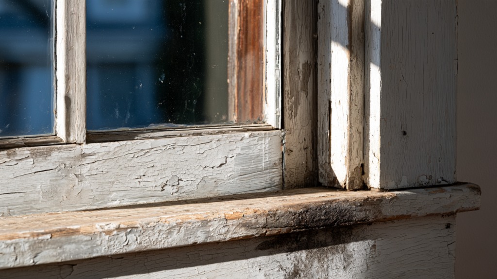 Verwitterter Holzfensterrahmen mit abblätternder Farbe und beschädigter unterer Ecke