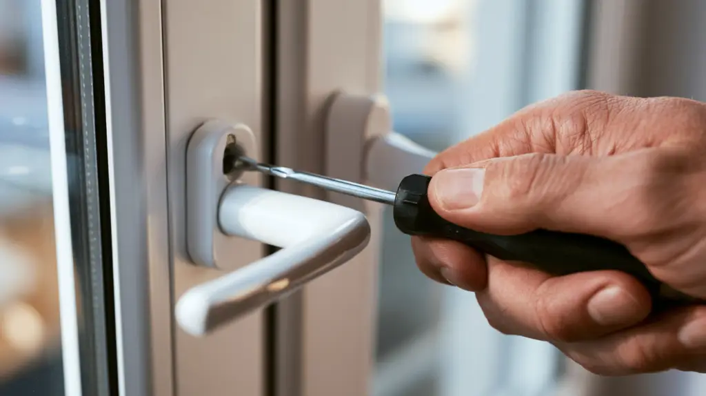 Fenstergriff wird mit einem Schraubendreher vom Fensterrahmen abgeschraubt